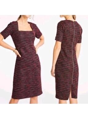 Ann Taylor Tweed Square Neck Sheath Dress in a red multi-color tweed knit.